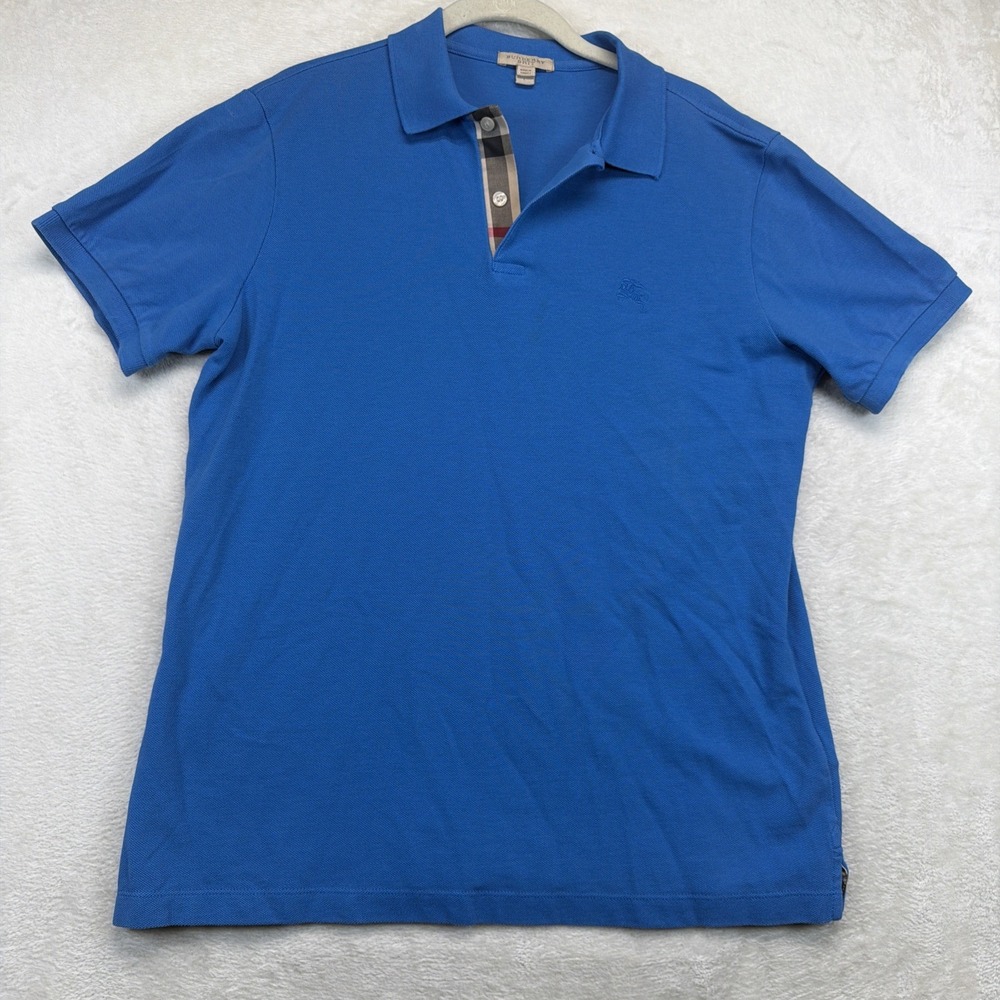Burberry Brit Men's Blue Cotton Pique Polo Nova Check Placket Logo Shirt L